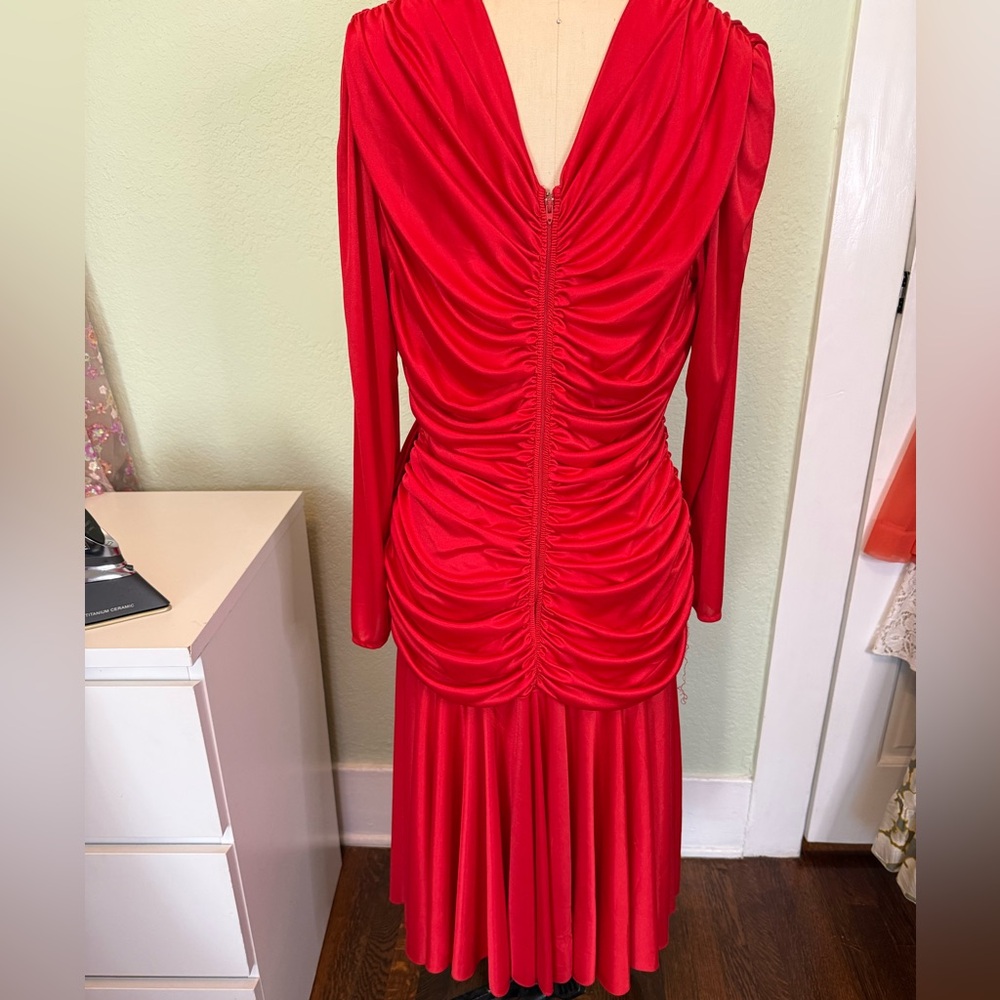 Vintage Red Draped Cocktail Dress Ruched Bodice Large - Picture 8 of 14